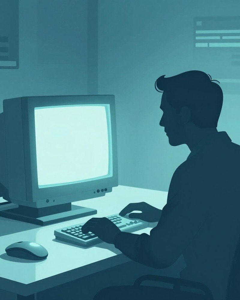 Editorial illustration of early secure computing workspace, non-photographic